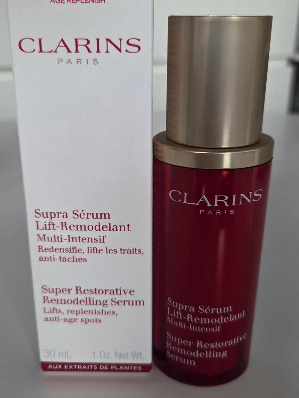 Clarins Supra Sérum Lift-Remodelant — Red and Gold Bottle